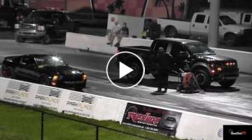950 HP ProCharged Mustang GT 5.0 vs Ford Raptor SVT Crew Cab - Drag Race Video ®