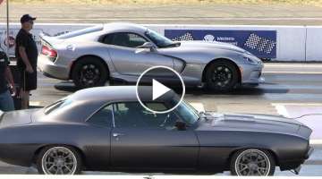 Old vs New School-muscle cars drag racing Dodge Demon, Hellcat, Cuda, Chevy Nova, Dodge Charger,
